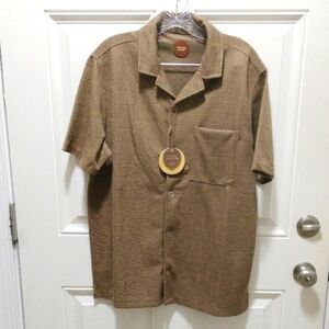 Common People Men's Terry Square Casual Brown Button Down Shirt for Men/Size L